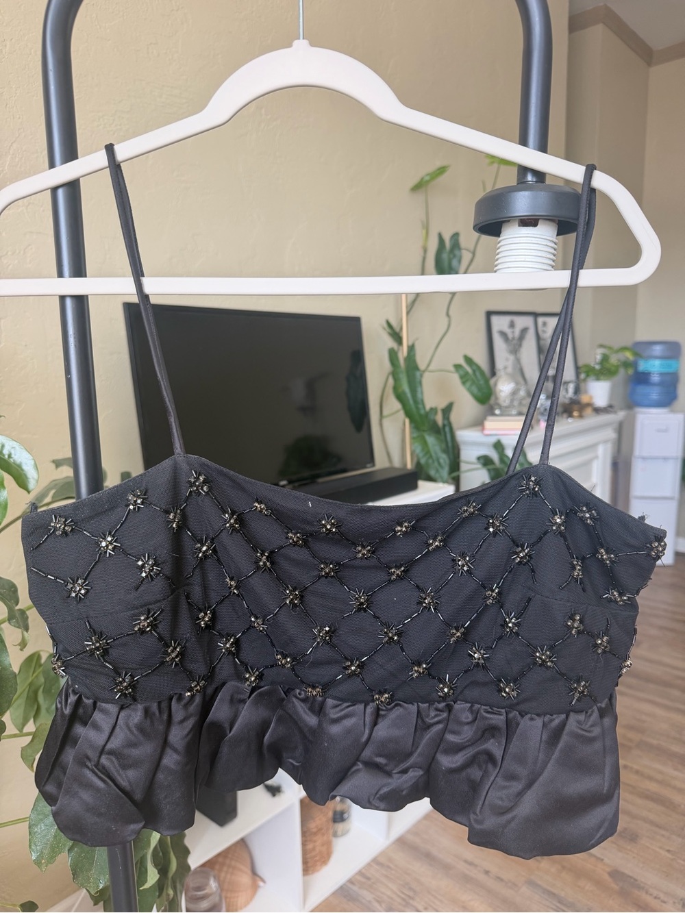 Anthropologie Black Beaded Ruffle Crop Cami